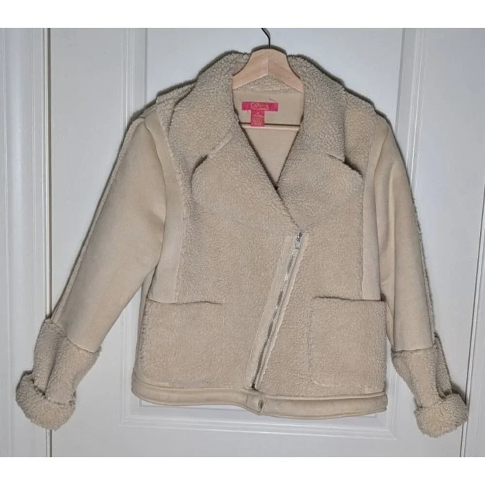 Catherine Malandrino Faux Shearling Moto Jacket Medium Beige Suede Zip - Picture 1 of 10
